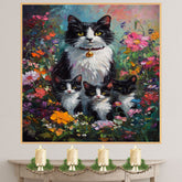 Springtime Blossoms: Tuxedo Cat Mom and Three Kittens in a Floral Wonderland on Ready to Hang 1.5" Thick Canvas Wrap, Floating Framed Canvas, Flat Rolled Canvas